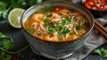 Macro view of a Thai fisherman's soup with herbs and noodles, vibrant and inviting against a clean backdrop.