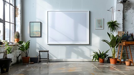 A minimalist artist's studio with a large white frame on a pristine wall, the simplicity of the frame contrasting with vibrant art supplies and unfinished canvases propped around the room.