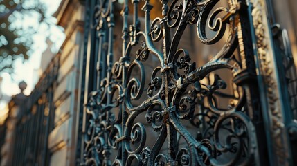 Intricate metalwork on a street gate, featuring elaborate designs and patterns that enhance the...
