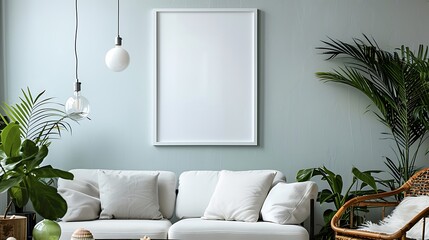 A minimalist coastal lounge area with an empty white frame on a light blue wall, white modern furniture, and elegant seashell decorations. - obrazy, fototapety, plakaty