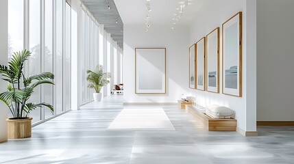 A minimalist design corridor in a modern house, displaying a series of empty white frames in a precise symmetrical order on a white wall.