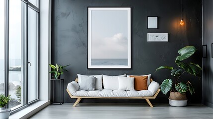 A minimalist interior featuring an empty white frame on a dark charcoal gray wall in a room dedicated to monochrome aesthetics. - obrazy, fototapety, plakaty