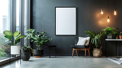 A minimalist interior featuring an empty white frame on a dark charcoal gray wall in a room dedicated to monochrome aesthetics.
