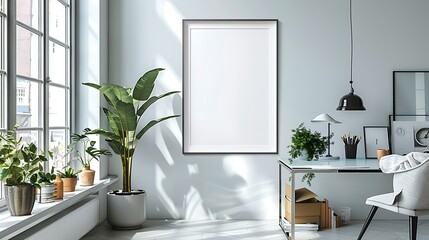 A minimalist modern home office showcasing an empty white frame on a clean white wall, with a clear glass desk holding monochromatic office supplies.