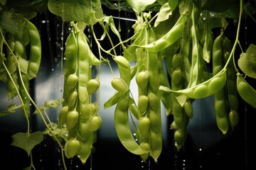 Pea Pods: Pea pods hanging from vines in the controlled environment.