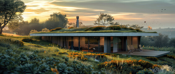 A house set in the countryside and hidden with a green roof. Single story flat roof blending in to...