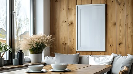 A minimalist Scandinavian dining area featuring an empty white frame on a light wood panel wall.