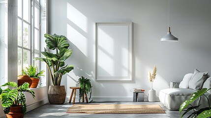 A modern minimalist living room emphasizing sustainability, with an empty white frame on a clean wall, sleek bamboo furniture, and a natural fiber rug beneath.