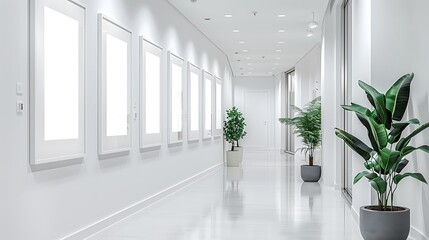 A narrow, elongated hallway in a modern home, featuring multiple empty white frames arranged symmetrically on a pristine white wall.