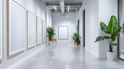 A narrow, elongated hallway in a modern home, featuring multiple empty white frames arranged symmetrically on a pristine white wall.