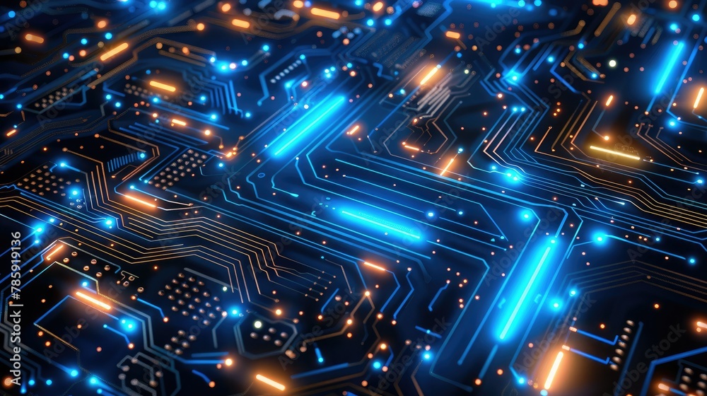 Poster Circuit board background with blue glowing elements on black, vector illustration. Illustration of electronic circuit or network design concept in high tech style. High resolution. Generative AI.