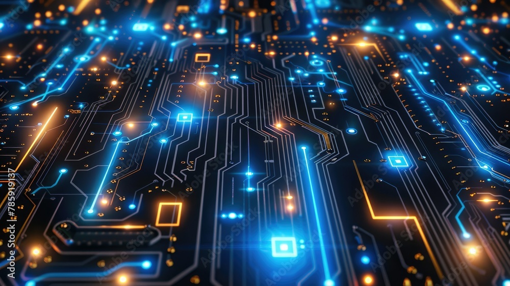 Poster Circuit board background with blue glowing elements on black, vector illustration. Illustration of electronic circuit or network design concept in high tech style. High resolution. Generative AI.