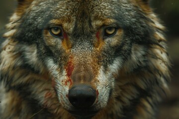 Naklejka na ściany i meble Portrait of a wolf with blood on his face, Animal portrait