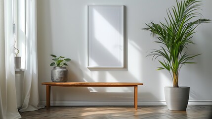 A serene meditation corner in a modern home, with an empty white frame on a pristine white wall.