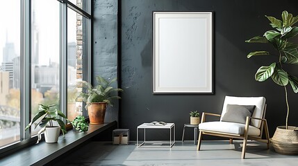 A sleek and sophisticated monochrome gallery setting featuring an empty white frame on a dark gray wall, creating a stark contrast that focuses attention.