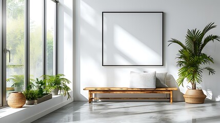 An airy and light-filled corner in a modern home designed for meditation, with an empty white frame set against a white wall, a handcrafted wooden bench. - obrazy, fototapety, plakaty