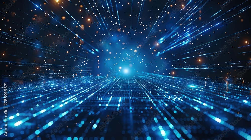 Poster blue background, futuristic technology grid lines, blue glow in the center of space, dark sky, depth