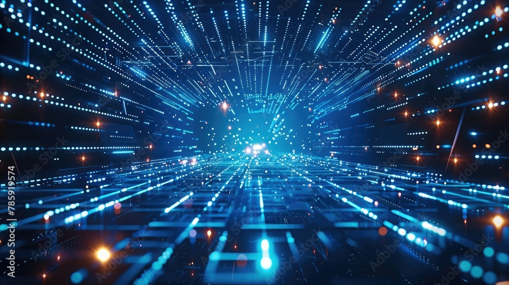 Poster blue background, futuristic technology grid lines, blue glow in the center of space, dark sky, depth