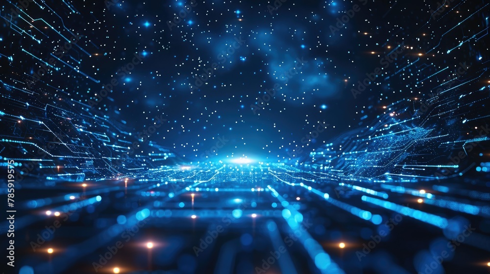 Poster blue background, futuristic technology grid lines, blue glow in the center of space, dark sky, depth