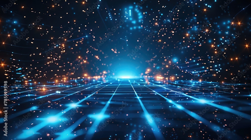Poster Blue background, futuristic technology grid lines, blue glow in the center of space, dark sky, depth of field, 3D rendering, light effects. Generative AI.