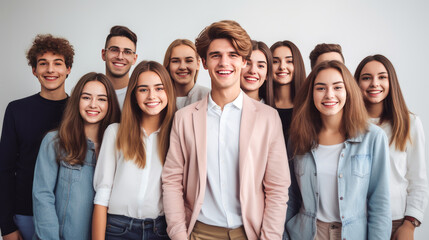 A group of multiracial young people, boys and girls, students of an educational institution smiling.