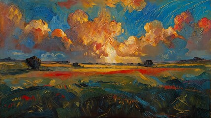 A serene painting of a field under a sky filled with fluffy clouds, capturing the beauty of a peaceful countryside scene - obrazy, fototapety, plakaty