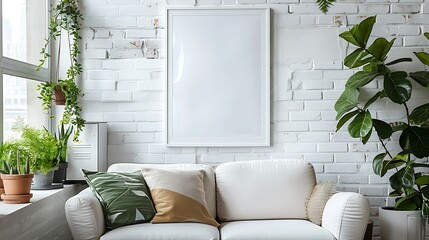An empty white frame hanging on a white-painted exposed brick wall inside a compact urban loft. - obrazy, fototapety, plakaty