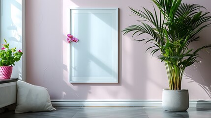 An intimate corner of a modern living room with an empty white frame on a pastel pink wall, accompanied by a single lush potted plant.
