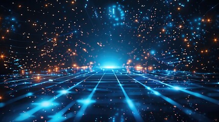 Blue background, futuristic technology grid lines, blue glow in the center of space, dark sky, depth of field, 3D rendering, light effects. Generative AI.