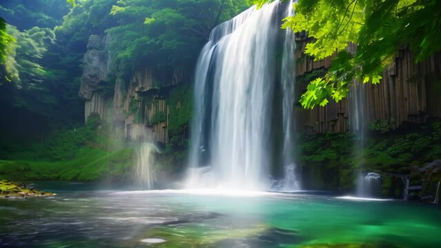 A powerful waterfall cascades down rocky cliffs, surrounded by lush green forest. Water droplets glisten in the sunlight, creating a mystical atmosphere. 