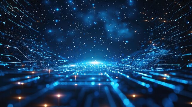 Blue background, futuristic technology grid lines, blue glow in the center of space, dark sky, depth of field, 3D rendering, light effects. Generative AI.