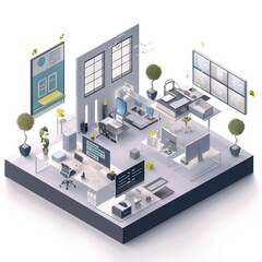 Obraz premium 3D Render of a detailed isometric vector illustration portraying the interior of an office building with distinct departments such as HR, accounting, and marketing, Generative AI