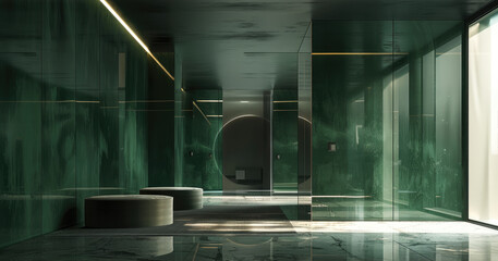 Dark green mirrored cabinets in a dark, minimalist interior, dark tone. Generative AI. - obrazy, fototapety, plakaty