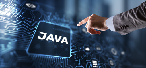 Businessman clicks Java programming language application concept on virtual screen - 785919745