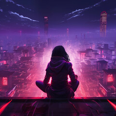 A Teen Girl Sitting on the Edge of a Building Rooftop Looking at a Pink and Purple City at Night - obrazy, fototapety, plakaty