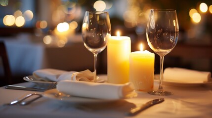 A candlelit table with two lit candles and two wine glasses