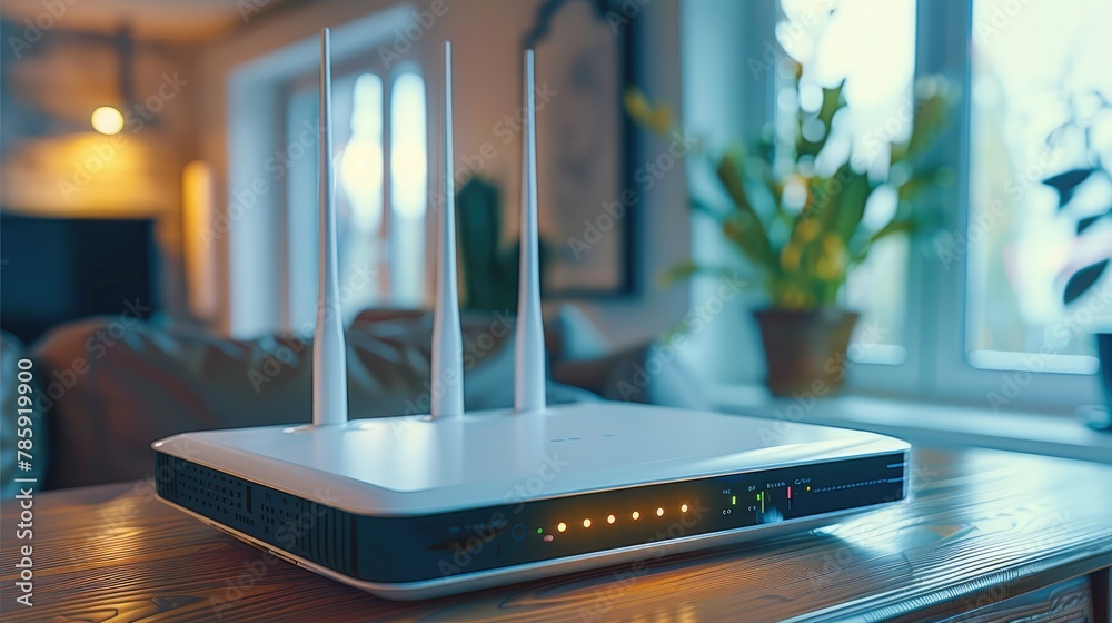Poster Home network with router, Modern wi-fi router on light table in room. Generative AI.