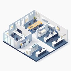 3D Render of a minimalist isometric vector illustration showcasing the interior layout of an office building with departmental areas such as marketing, finance, and human resources, Generative AI - obrazy, fototapety, plakaty