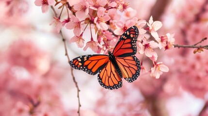 A butterfly is resting on a pink flower