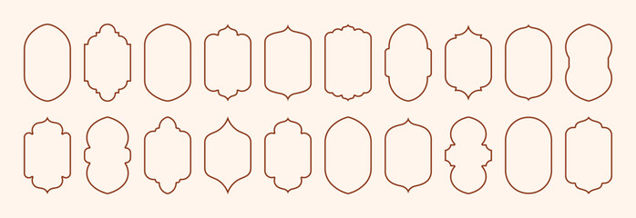 Ramadan Islam Frames Set. Vector Indian Shapes Elements. Arabic Arch, Door and Windows In Minimal Outline Style for Labels, Logo, Banner Templates. - 785920126