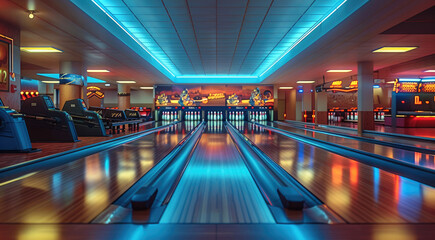 Interior of a bowling alley. Generative AI. - obrazy, fototapety, plakaty