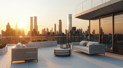 An elegant, minimalist rooftop apartment terrace with clean lines and modern furnishings, set against a high-rise city skyline. The atmosphere is calm and refined. Generative AI.