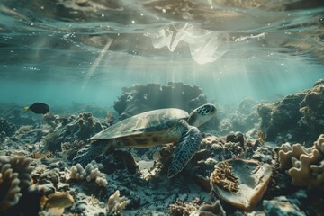 a large turtle in the ocean got entangled in a plastic bag. wide shot of a turtle swimming among the carals. sunlight penetrates the ocean floor