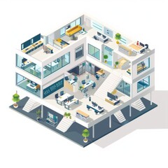 3D Render of an isometric vector illustration displaying the interior architecture of an office space, highlighting the various department, Generative AI