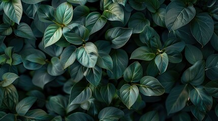 Dark green leaves, vines, overlapping, covering entire frame, beautiful, natural, black background. Generative AI. - 785920797