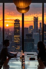 Seated at a conference table overlooking the city skyline, a South Asian candidate engages in a negotiation exercise as part of their interview process, their confidence and assertiveness positioning  - obrazy, fototapety, plakaty