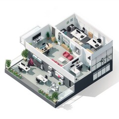 3D Render of an isometric vector illustration presenting a bird's-eye view of an office layout with departmental areas such as marketing, product development, Generative AI - obrazy, fototapety, plakaty