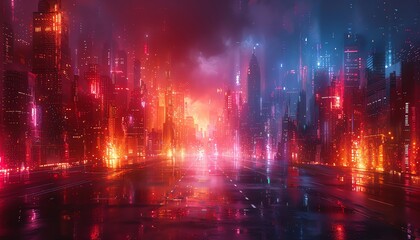 Naklejka premium Illustrate a futuristic virtual reality cityscape with bold, vibrant colors and glitch art techniques, focusing on dynamic perspectives