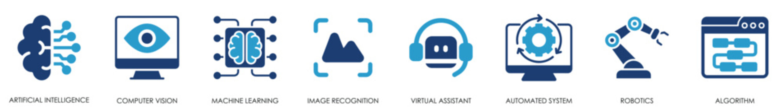 Artificial intelligence icon set. Containing machine learning, data science and so on. Flat information technology related icons.