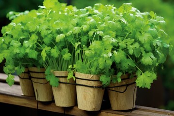 Cilantro Bunch: Bunches of cilantro growing in containers.